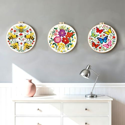 INFUNLY 4 Pack Pink Flowers Embroidery Starter Kit for Beginners Colorful Butterfly DIY Embroidery Kits for Adults Stamped Needlepoint Set with Step-by-Step Instructions Threads Craft Lover Gift - style: Pink Flowers