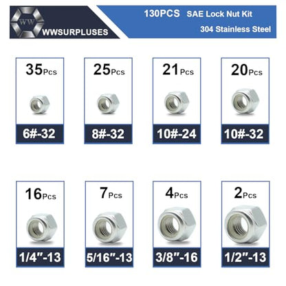130 Pcs SAE Lock Nuts, 6-32 8-32 10-24 10-32 1/4-20 5/16-18 3/8-16 1/2-13 - size: SAE 130 Kit (#6 #8 #10 1/4" 5/16" 3/8" 1/2")