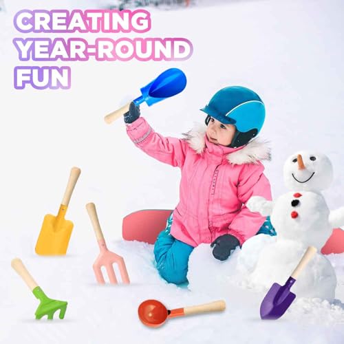 6 PCS 8" Kids Gardening Tools, Metal Beach Sandbox Digging Toys with Sturdy Wooden Handle, Safe Backyard Snow Sensory Playset Including Cylinder, Spoon, Fork, Rake, Flat & Pointed Shovels for Children