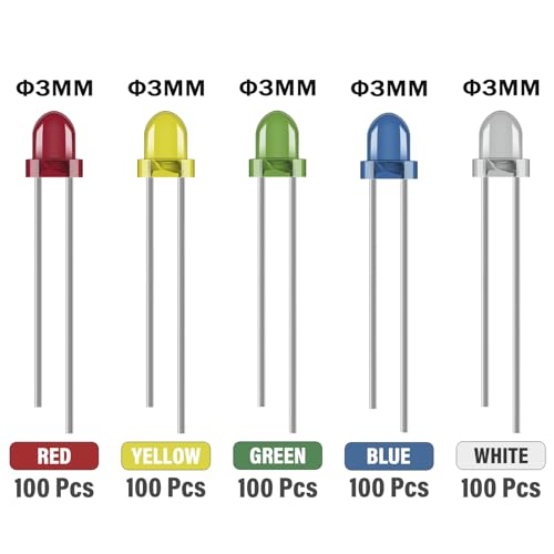 3MM LED Diode Light Assortment Kit 5 Color Low Voltage Circuit Emitting Diodes Bulb Lamp Set for Christmas Lights Replacement and Science Project (Pack of 500pcs) - style: 3MM-5 Color-500pcs