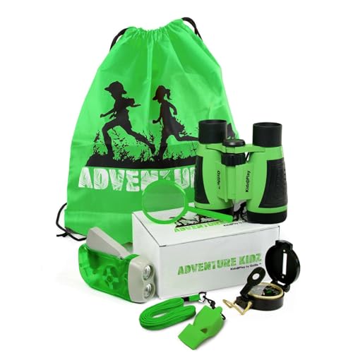 Adventure Kidz Outdoor Exploration Kit, Children’s Binoculars with Case, Flashlight, Compass, Whistle, Magnifying Glass, Backpack. Great Kids Gift Set for Camping, Hiking, STEM and Pretend Play - color: Lime