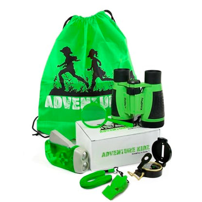 Adventure Kidz Outdoor Exploration Kit, Children’s Binoculars with Case, Flashlight, Compass, Whistle, Magnifying Glass, Backpack. Great Kids Gift Set for Camping, Hiking, STEM and Pretend Play - color: Lime