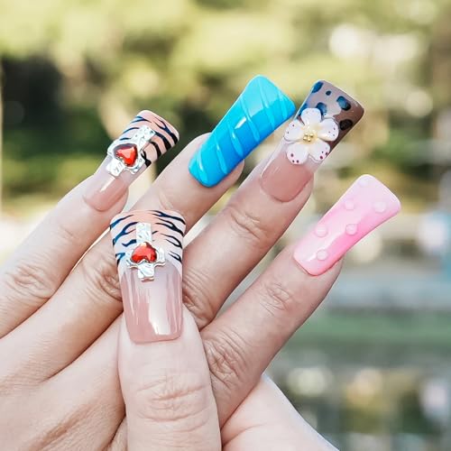 Handmade Press on Nails Long Duck, Tiger Flower Heart Fake Nails | Glossy Multi-Layer Acrylic Finish with Tiger Print Accent, 3D Flower Detail and Cross with Red Heart on Duck Shape, Size S - color: Tame the Wild Heart, size: S