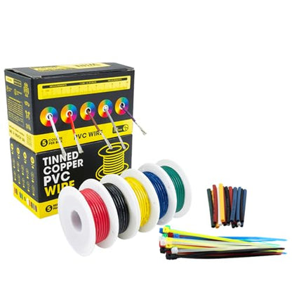 26 AWG Stranded Wire Kit, 5 Colors 20m Each, 100m Total PVC Hook Up Wire, Tinned Copper Electronic Wire, 300V 80°C, with Heat Shrink Tubing and Cable Ties - color: Red Black Yellow Blue Green, size: 26AWG