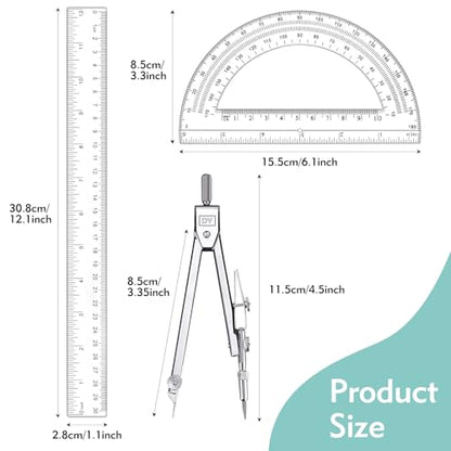3 Pcs Clear Protractor and Compasses Set, Plastic Clear Ruler 12 Inch