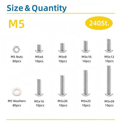 240 Pcs M5 Screws Assortment Kit, M5x6mm/8mm/10mm/12mm/16mm/20mm/25mm/30mm, Metric Hex Button Head Socket Cap Screws Nuts Washers Kit with Wrench, 304 Stainless Steel - size: M5 240 Pcs