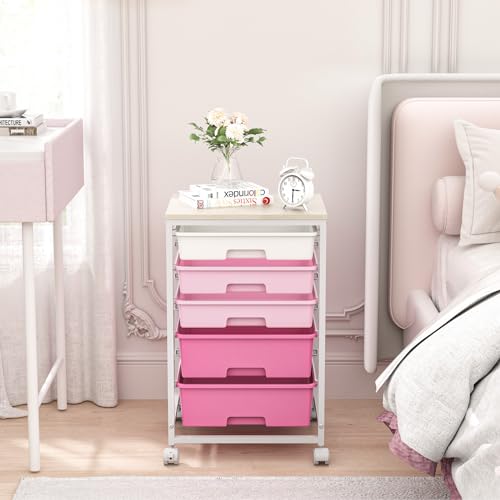 SYKIARIOL Utility Cart with Drawers,5 Drawers Storage Cart,Rose Pink - color: Rose Pink