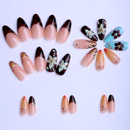 Almond Press on Nails Long Colorful Fake Nailwith 3D Flowers Designs Acrylic Nail Press ons Sparkly Rhinestones Stick on Nails for Women 24pcs - color: Color02