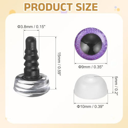MECCANIXITY 12 Pcs Glitter Safety Eyes, 9mm Plastic 3D Crochet Doll Eyes with Washers and Drawstring Bag for Puppet Bear DIY Crafts Stuffed Animals Making Supplies, Purple - color: Purple