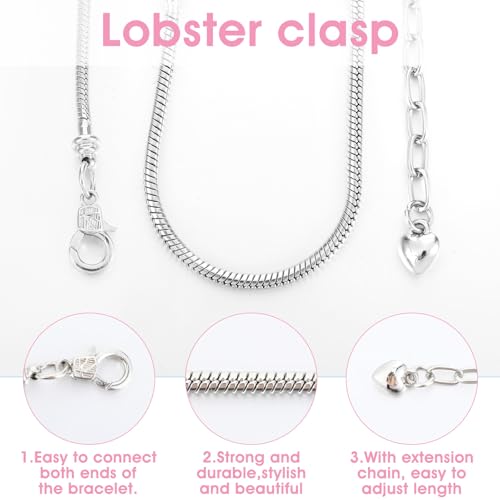 40pcs Snake Chain Charm Bracelet Chains Kit 2.6mm Adjustable Snake Charm Bracelet with Heart Lobster Clasp Extender Chain DIY Bracelets Chains for Christmas Women Gifts DIY Jewelry Making Supplies