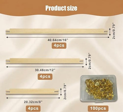 12PCS Stretcher Bars for Needlework, 3 Sizes (8", 12", 16") Wooden Needlepoint Stretcher Bars with Rubber Mallet, Screwdriver & Hanging Kit, Complete Embroidery Canvas Frame Set for Wall Decor (12)