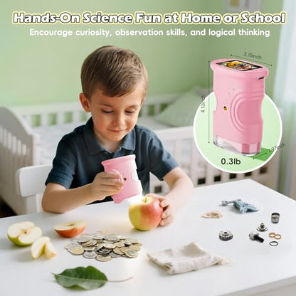 Alotwan Kids Microscope Digital 1000X Zoom, Mini Pocket Handheld Microscope Portable Travel Toys, HD Camera Video Magnifying Glass, Christmas Birthday Gifts for Girls, STEM Toys for Toddlers Age 3-8 - color: Pink