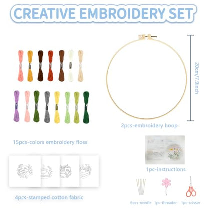 FREEBLOSS 4 Sets Embroidery Kit for Beginners Needlepoint Embroidery Starter Kit with Coffee and Book Stamped Patterns, Instructions, Colored Threads, 2 Hoops 20cm/7.9inch