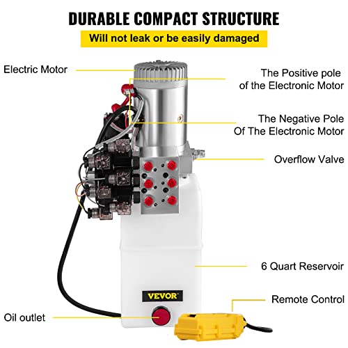 VEVOR Hydraulic Power Unit 6 Quart 6 Way Hydraulic Pump Double Acting Hydraulic Power Unit 12V DC Dump Trailer Car Remote with Plastic Oil Reservoir (Plastic, Double Acting)