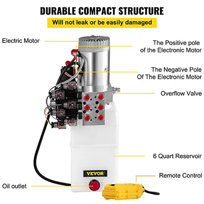 VEVOR Hydraulic Power Unit 6 Quart 6 Way Hydraulic Pump Double Acting Hydraulic Power Unit 12V DC Dump Trailer Car Remote with Plastic Oil Reservoir (Plastic, Double Acting)