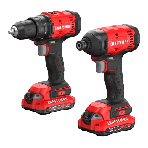 CRAFTSMAN V20 Cordless Drill Driver and Impact Driver, 2 x 2Ah Lithium Ion Battery and Charger, Two Power Tools, 1700 RPM 1/2 In. Electric Drill, 1800 Torque 1/4 Impact Screwdriver (CMCK201D2) - style: NEW 2 Tool Combo Kit