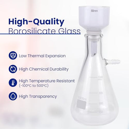 1000ml Buchner Vacuum Filtration Kit - 3.3 Glass Flask & Hand Pump - size: 1000ML