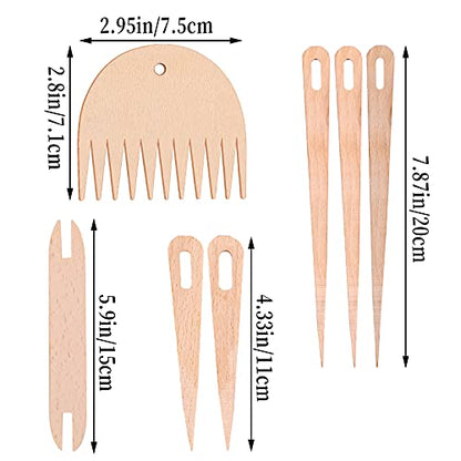 Luter 7Pcs Hand Loom Stick Set - DIY Handcrafts Tools: 5Pcs Wood Weaving Crochet Needle, 1Pc Wooden Shuttle, 1Pc Wood Weaving Comb for Knitting Crafts