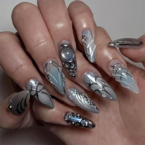 Light Blue Ombre Press on Nails Medium Almond Fake Nails Full Cover heart Acrylic False Nails with 3D Swirl Designs Glue on Nails Almond Shape Nail Press ons Stick on Nail for Women 24Pcs - color: Style15
