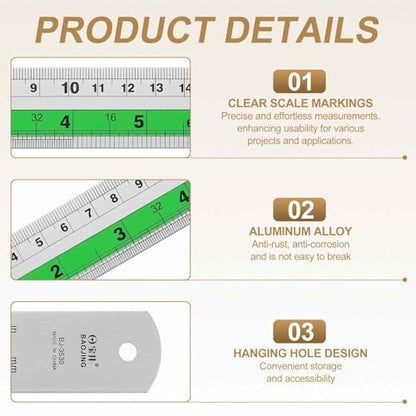 HARFINGTON 2pcs Metal Straight Ruler 15cm Metric SAE Aluminum Alloy Measuring Rulers Scale Tool with Hole for Measure Study Reading Classroom Office, Green - color: Green, size: 15cm