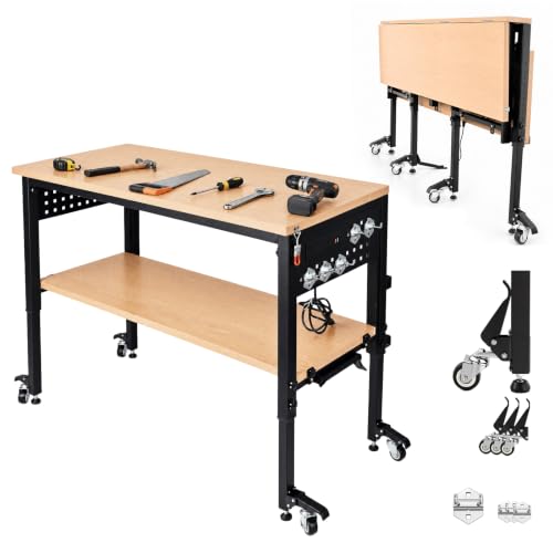 60" Heavy Duty Foldable Workbench with Transformable Wheels Adjustable Height, Rubberwood Table & Carbon Steel Frame with Pegboard, Max Load 2500 LBS for Garage, Woodworking, Office, Home - size: Large