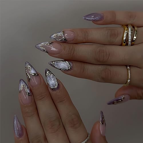 Almond Press on Nails RTKHFZE French Tip Fake Nails Medium False Nails with Gold Designs Artificial Nail Purple Glitter Glue on Nails Cute Summer Stick on Nail for Women 24Pcs - color: Style07