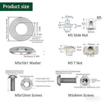 240pcs M5 T-Nuts Screws Kit for 2020 2040 8020 Series Aluminum Extrusion,40Pcs M5x8,40Pcs M5x12 Hexagon Socket Screws,40Pcs M5 T Sliding Nut,40Pcs M5 T Nut,80Pcs Washers - style: 240pcs 20 Series Screws Kit Silver