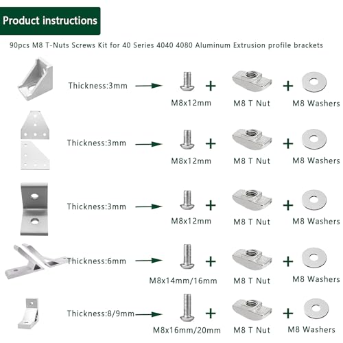 80 pcs M8 T Nut Screws Kit for 4040 4080 Aluminum Extrusion, 26 pcs Silver M8x12/16/20mm Hexagon Socket Stainless Steel Screws and 26 M8 Drop in T-Nuts, 28 Washers with Hex Wrench - style: 80pcs 40 Series Screws Kit Silver