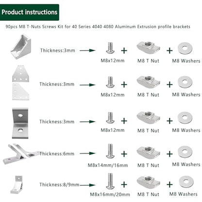 80 pcs M8 T Nut Screws Kit for 4040 4080 Aluminum Extrusion, 26 pcs Silver M8x12/16/20mm Hexagon Socket Stainless Steel Screws and 26 M8 Drop in T-Nuts, 28 Washers with Hex Wrench - style: 80pcs 40 Series Screws Kit Silver