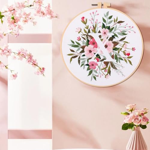 IUHUI Embroidery Kit for Beginners Adults - 26 Floral Letters Easy Patterns, DIY Hand Stitching Embroidery Set with Hoop (Flower and Grass Letter X) - color: Flower and Grass Letter X