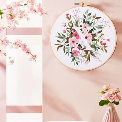 IUHUI Embroidery Kit for Beginners Adults - 26 Floral Letters Easy Patterns, DIY Hand Stitching Embroidery Set with Hoop (Flower and Grass Letter X) - color: Flower and Grass Letter X