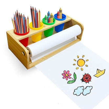Bamboo Tabletop Paper Roll Dispenser, Desktop Art Easel with 12" x 49ft Blank Paper Roll, 4 Pen Cups, Paper Cutter for Drawing, Writing, Graffiti, Art Crafts
