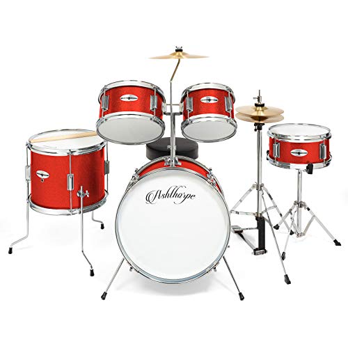 Ashthorpe 5-Piece Complete Kids Drum Set with Genuine Brass Cymbals - Junior Beginner Kit with 16" Bass, Throne, Hi-Hats, Pedals & Drumsticks - Red - color: Red