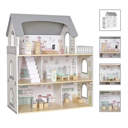 Wooden Dream Playhouse for Girls with Balcony,Doll House for Kids with Furniture,DIY Pretend Play House Toy, Children Dollhouses Toys with 12 PCS Accessories,Birthday Gifts for Boys Girls Ages 3+