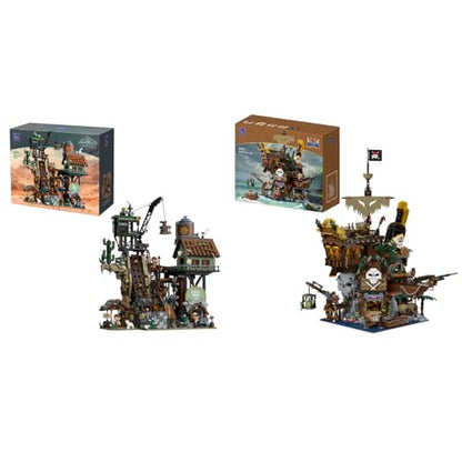 Epic Adventure Diorama Building Blocks Set – Wild West Gold Rush GBC Mining Machine & Pirate Shipwreck Tavern, Motorized Mechanical Display and Modular Nautical Pub for Adult Collectors