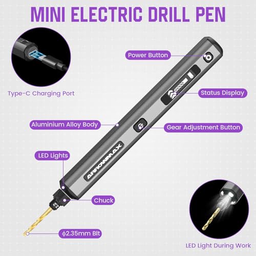AM ARROWMAX Mini Drill Pen, 5-Speed, LED Lights, OLED Display, Aluminium Box, Resin Drill Set With 10 Small Bits, 3/32-Inch Shank, For Jewelry Making, Wood, Plastic,(SDS) - size: SDS