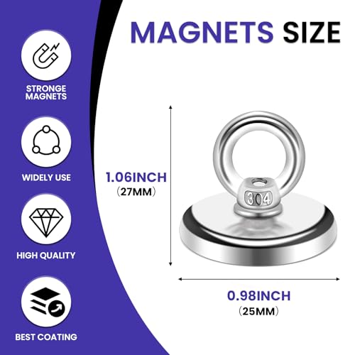MIKEDE Strong Neodymium Fishing Magnets 12 Pack 60 lbs(27KG) Pulling Force - size: 0.98"(25 mm) -60lbs