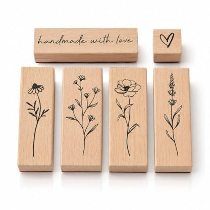 6pcs Wooden Rubber Floral Stamps Set, Crafting, Scrapbooking - color: 6pcs Floral