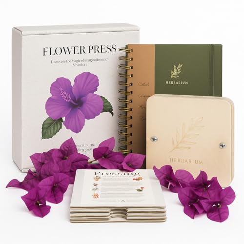 WOKK Flower Press Kit with Herbarium Journal – Wooden Botanical Press for Adults & Teens, Pressed Flower Crafts & Wedding Bouquet Preservation
