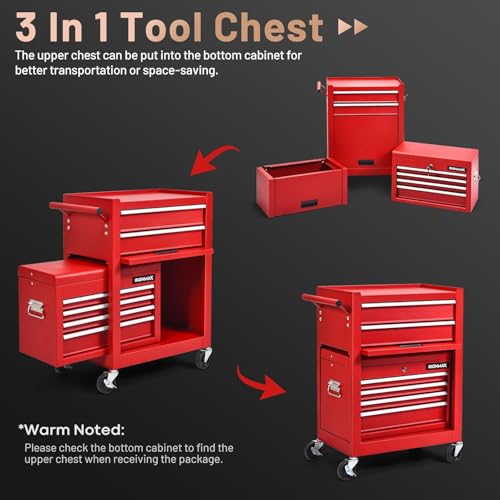 Goplus 6 Drawers Tool Chest, Rolling Metal Tool Box with Universal Wheels, Protective Liner, Detachable Top Toolbox, Auto Lock, 3-in-1 Large Tool Cabinet for Garage Shop Auto Repair - color: Red, style: Large 6 Drawers