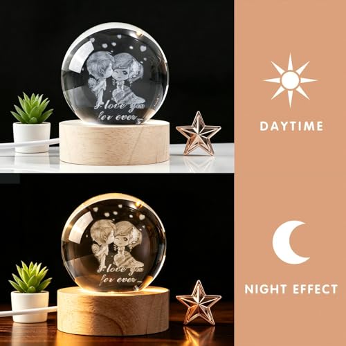 3D Engraved Couple Lover Crystal Ball, 2.4in 60mm Color‑Changing LED Night Light with Wooden Base, K9 Crystal Sphere, Romantic Gift for Her Him Anniversary Valentine’s Day - color: Clear-loving Couple