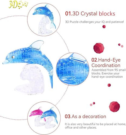 3D Crystal Dolphin Puzzle, Crystal Puzzle Brainteasers for Puzzlers Ages 16 and Up, 95Pcs (Blue-Dolphin) - color: Blue-dolphin