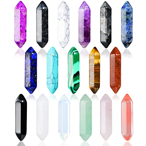 17Pcs Healing Crystals Stones Sets, Hexagonal Bullet Shaped Reiki Meditation Gemstone Chakra Stones Tiger Eye Obsidian Quartz Crystals Gemstone Wand Set Pendants with Storage Box - size: 17PCS