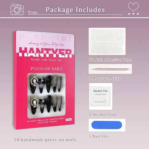 Gothic Press on Nails, Long Stiletto Matte Nails, Baroque Cameo & 3D Camellia Design Salon Quality, Reusable Nails with Bow Steel Beads Accents, Dark Princess Style for Women(Size S) - color: A17, size: S