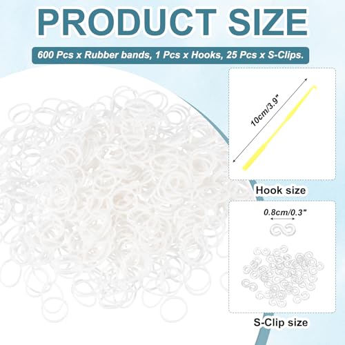 MECCANIXITY 600 Pcs Loom Rubber Bands Kit with 25 Pcs S-Clips 1-Hook Rubber Bands Refill Bracelet Making Kits for Weaving DIY Handcrafts Gift, White - color: White