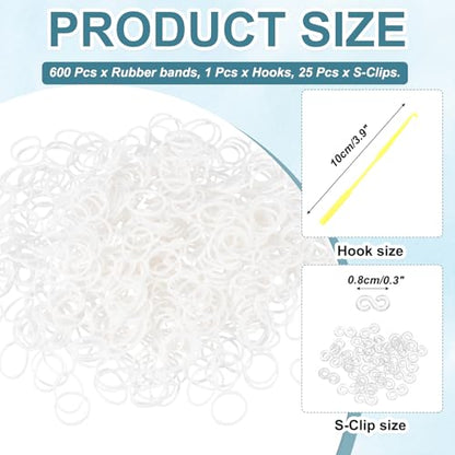 MECCANIXITY 600 Pcs Loom Rubber Bands Kit with 25 Pcs S-Clips 1-Hook Rubber Bands Refill Bracelet Making Kits for Weaving DIY Handcrafts Gift, White - color: White
