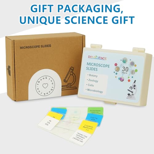 Microscope Slides with Specimens for Kids, 30 Lab-Grade Prepared Microscope Slides, Animal Plant Microbe Cells, STEM Biology Kit for Kids Ages 6-8 Homeschool, Classroom Labs & Science Education - size: Ages 6-8
