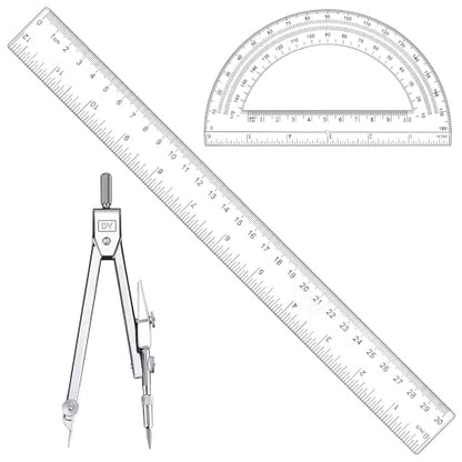 3 Pcs Clear Protractor and Compasses Set, Plastic Clear Ruler 12 Inch