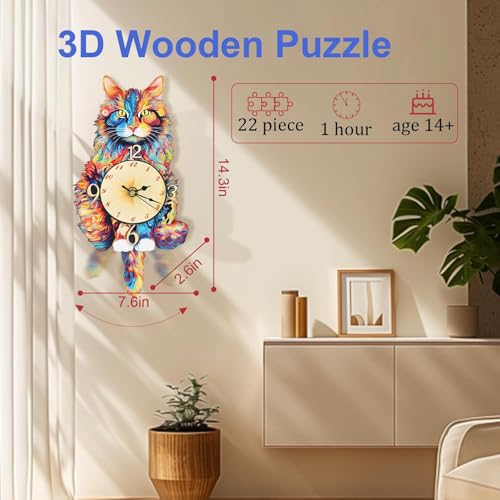 3D Wooden Puzzles for Adults, Maine Coon Clock Cat Wooden Puzzle DIY Craft - color: Maine Cat