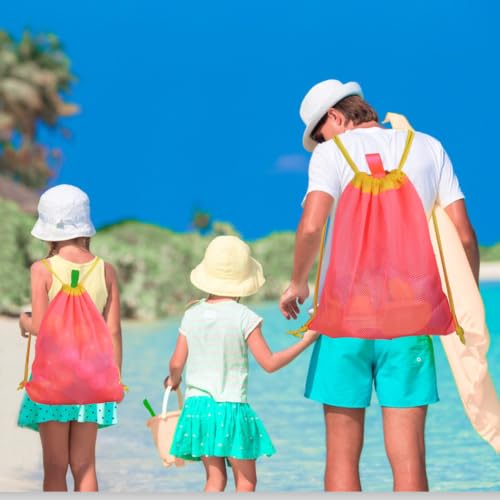 MUYIZI Beach Toy Bag 2 Pack, Mesh Drawstring Backpack for Kids and Adults - Quick Dry Sand Free Mesh Beach Bag, Portable Sand Toy Backpack, Sea Shell Bags, Shelling Tools, Bags Only (Bright Pink) - color: Bright Pink